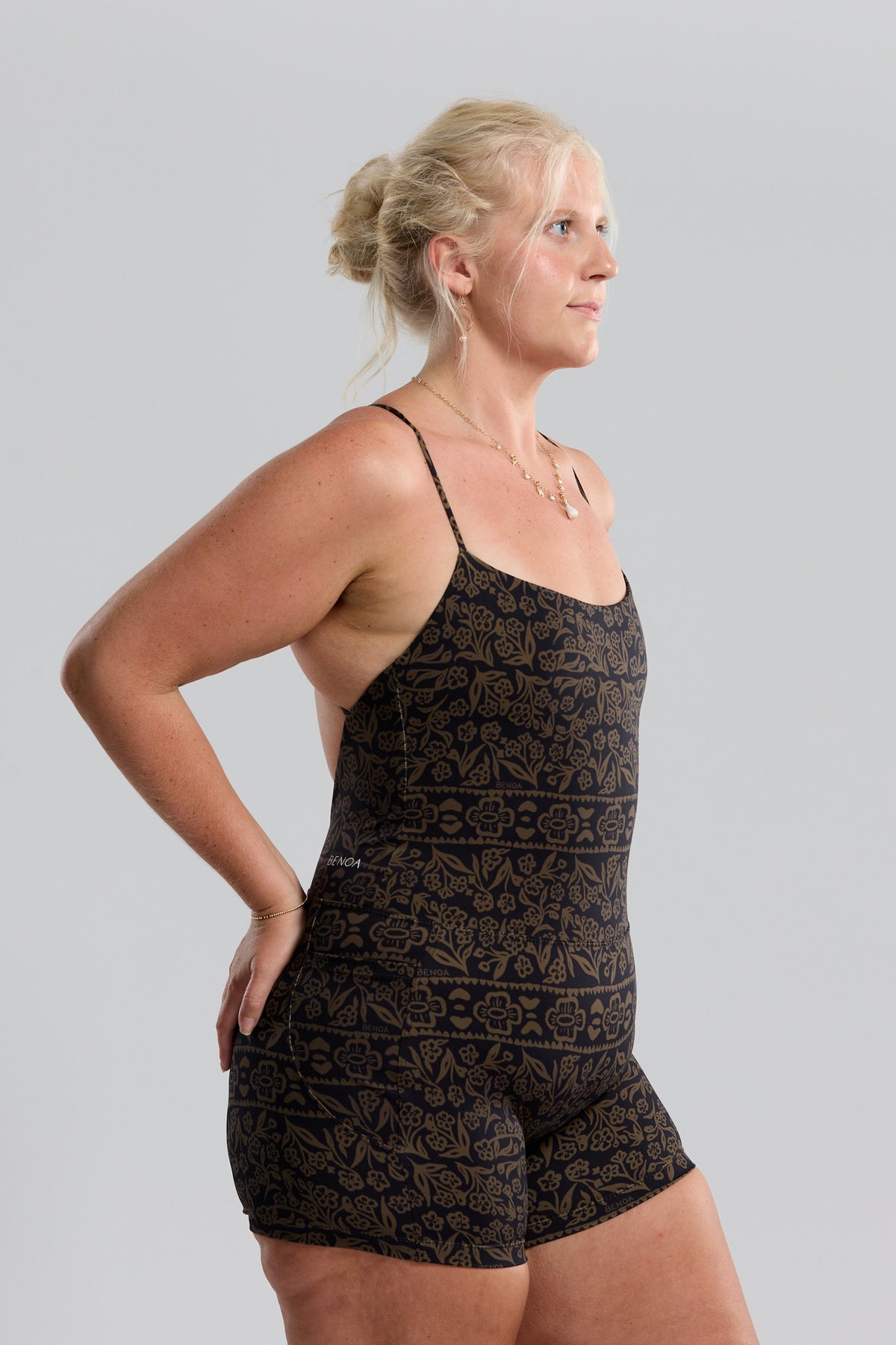 Cross-Back Active Romper - Brown Batik