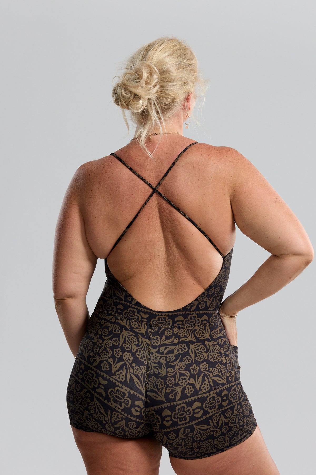 Cross-Back Active Romper - Brown Batik