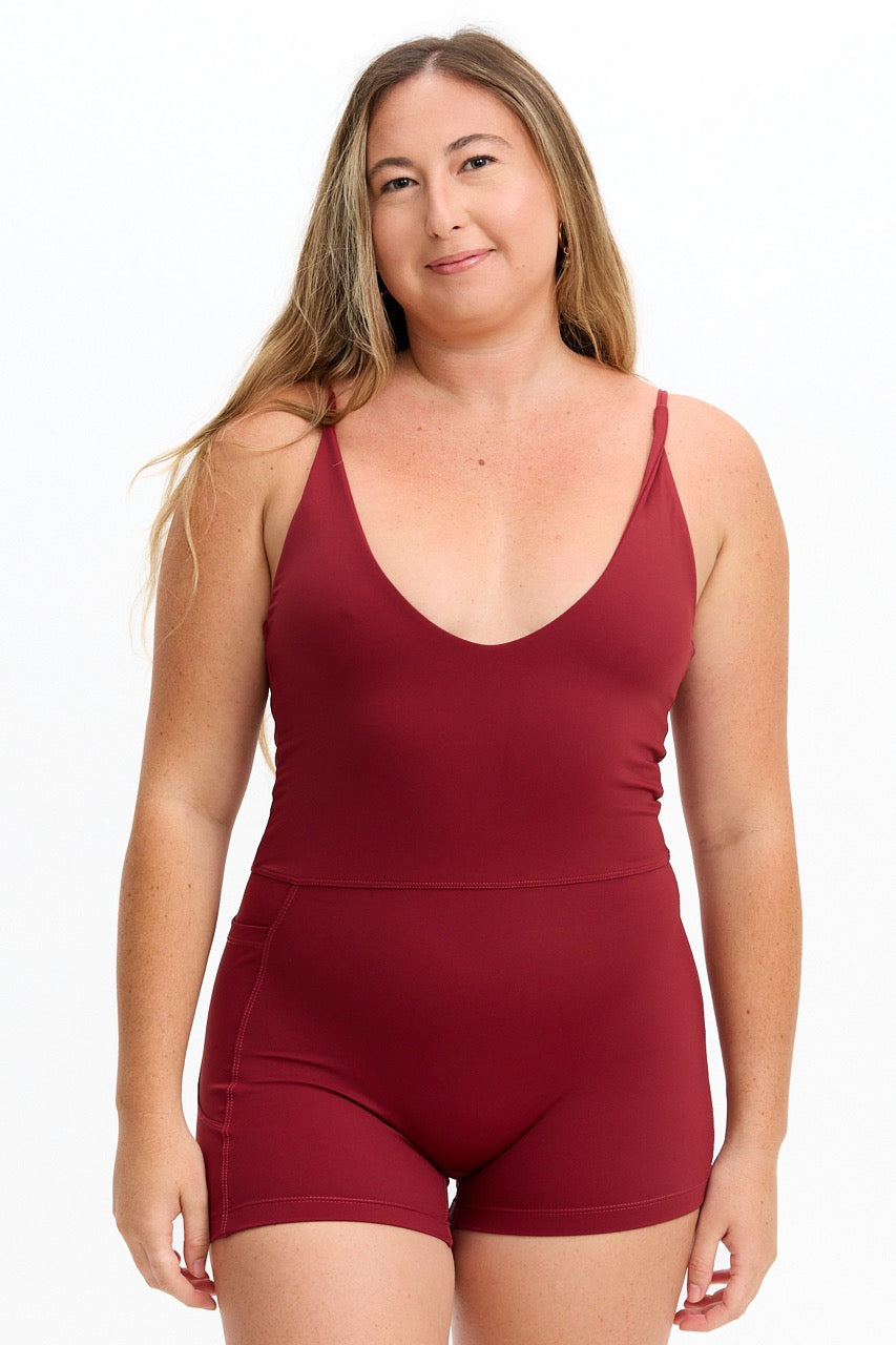 V-Neck Active Romper - Cherry