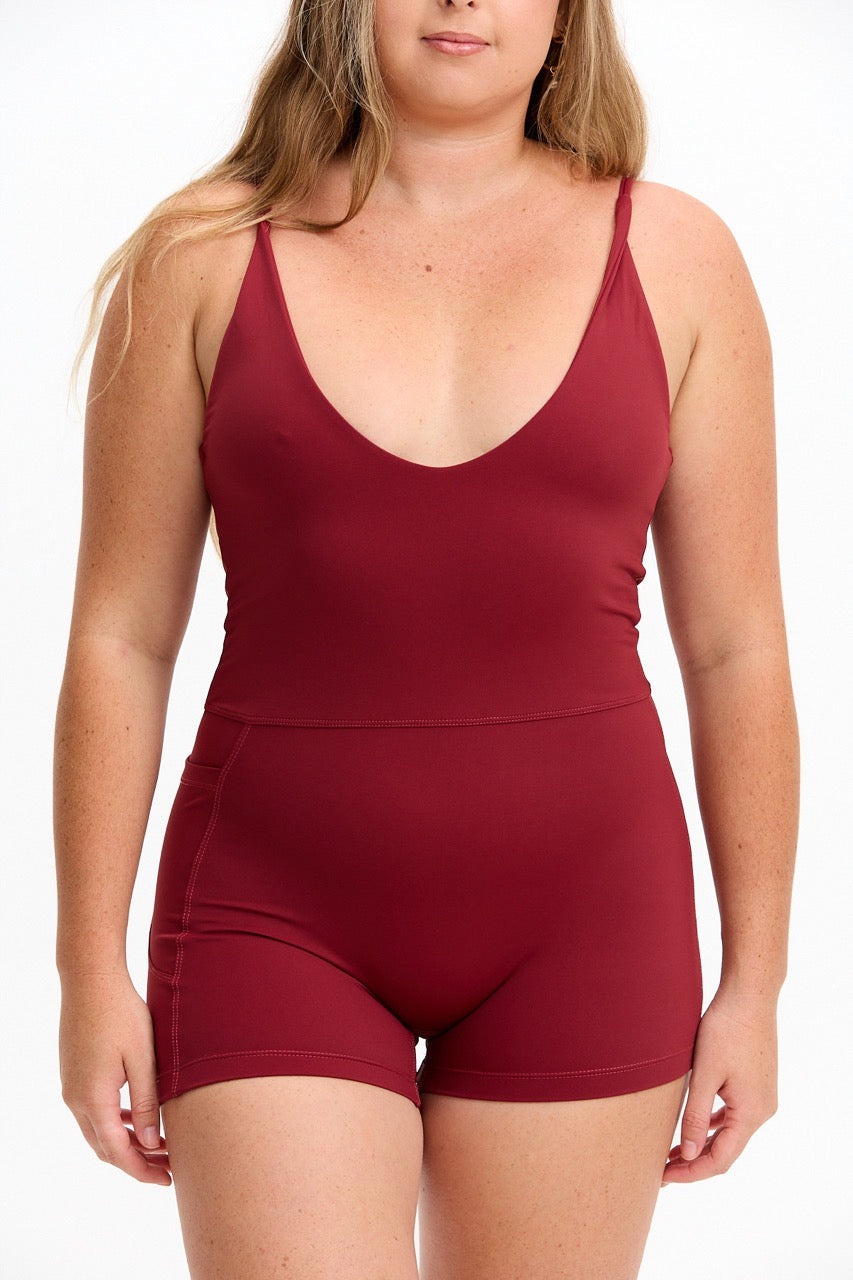 V-Neck Active Romper - Cherry