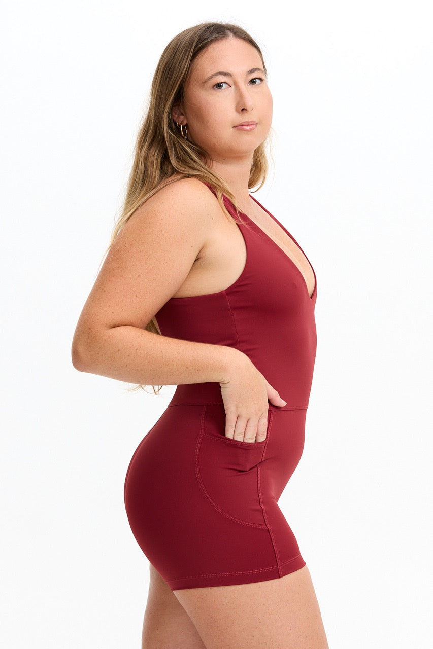 V-Neck Active Romper - Cherry