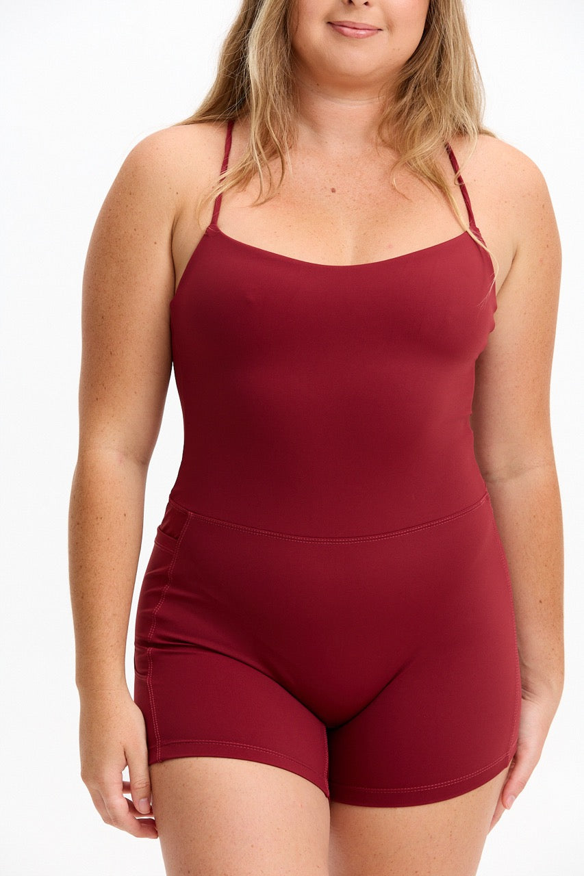 Cross-Back Active Romper - Cherry