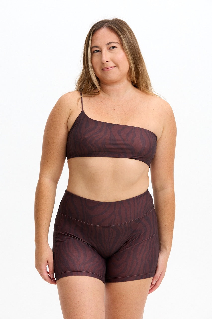 One Shoulder Sports Bra - Chocolate Zebra