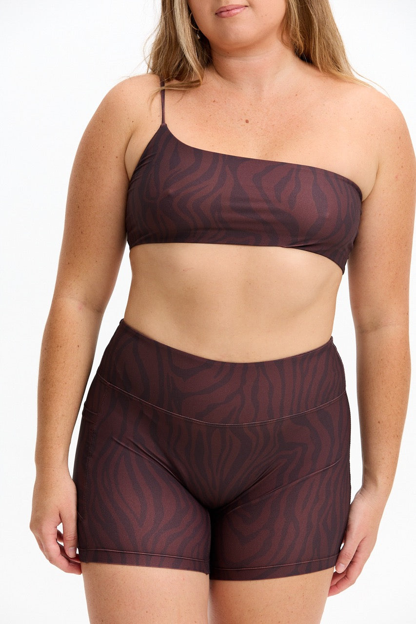 One Shoulder Sports Bra - Chocolate Zebra