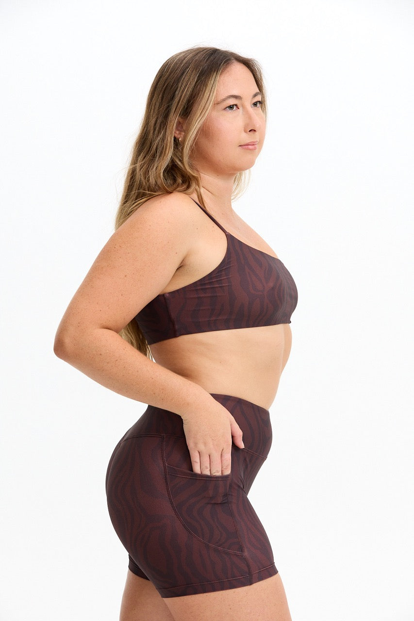 One Shoulder Sports Bra - Chocolate Zebra