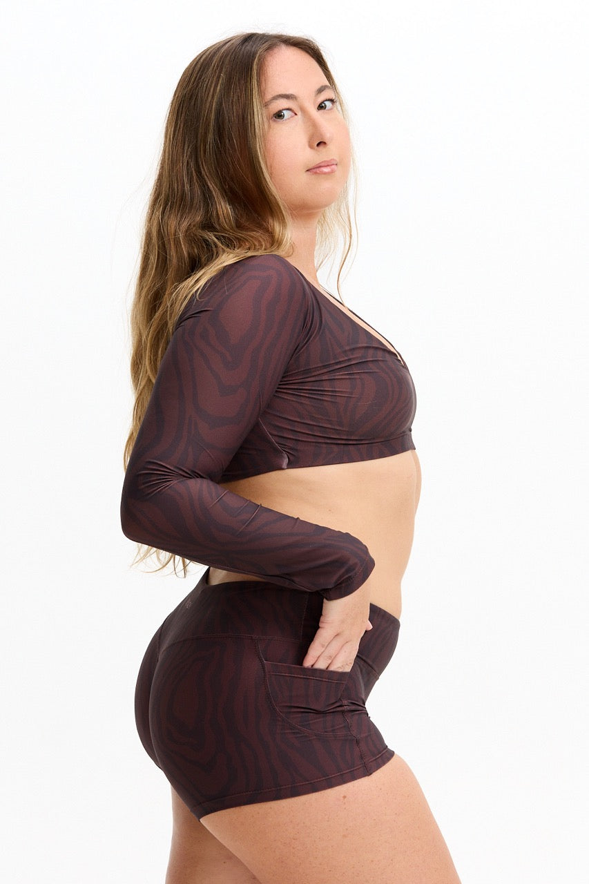 Long Sleeve Active Crop Top - Chocolate Zebra