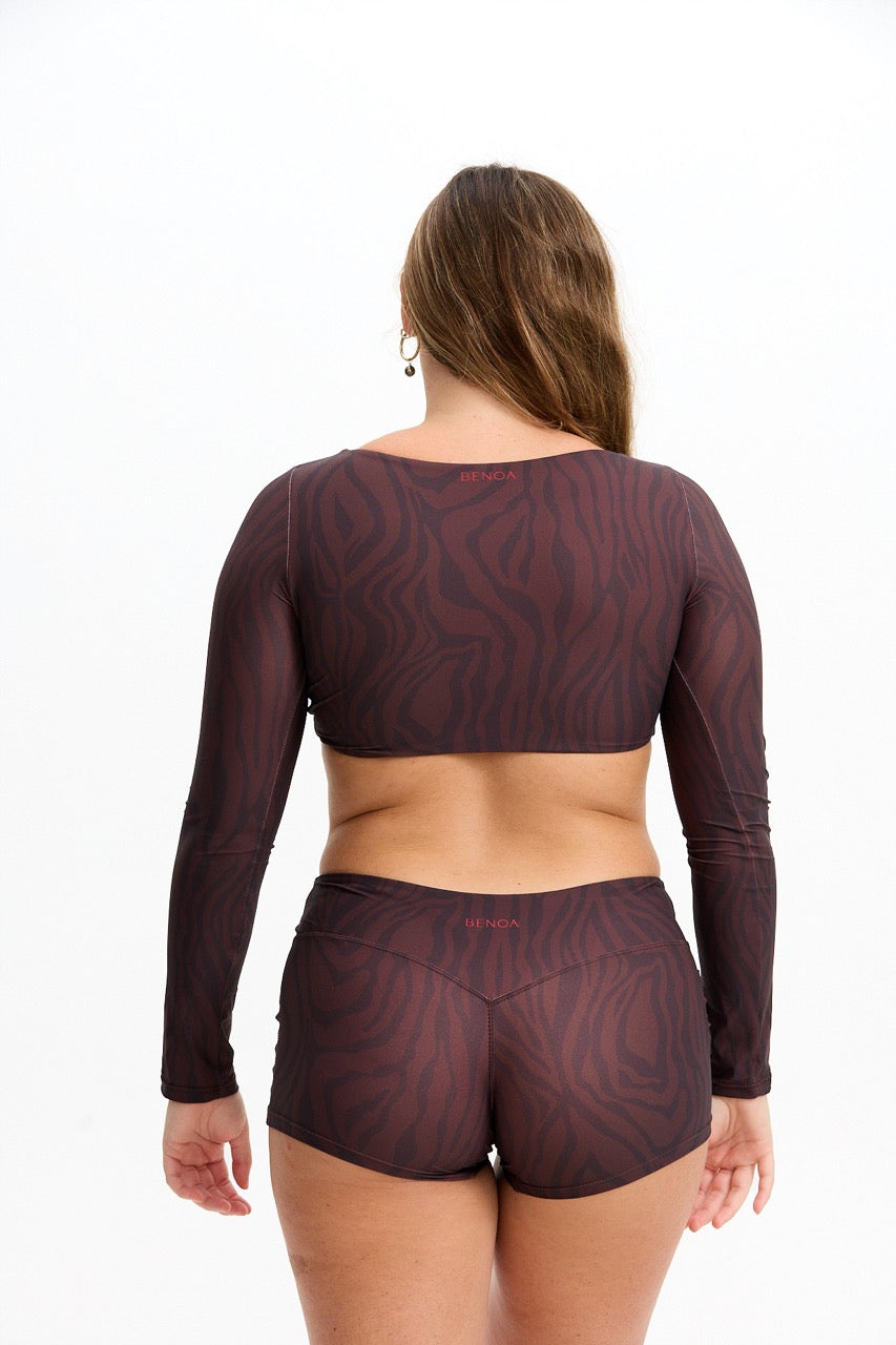 Long Sleeve Active Crop Top - Chocolate Zebra