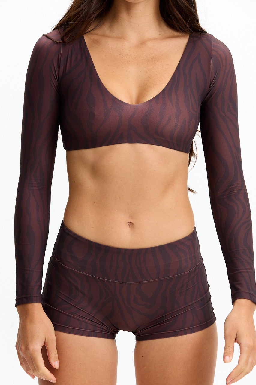 Long Sleeve Active Crop Top - Chocolate Zebra
