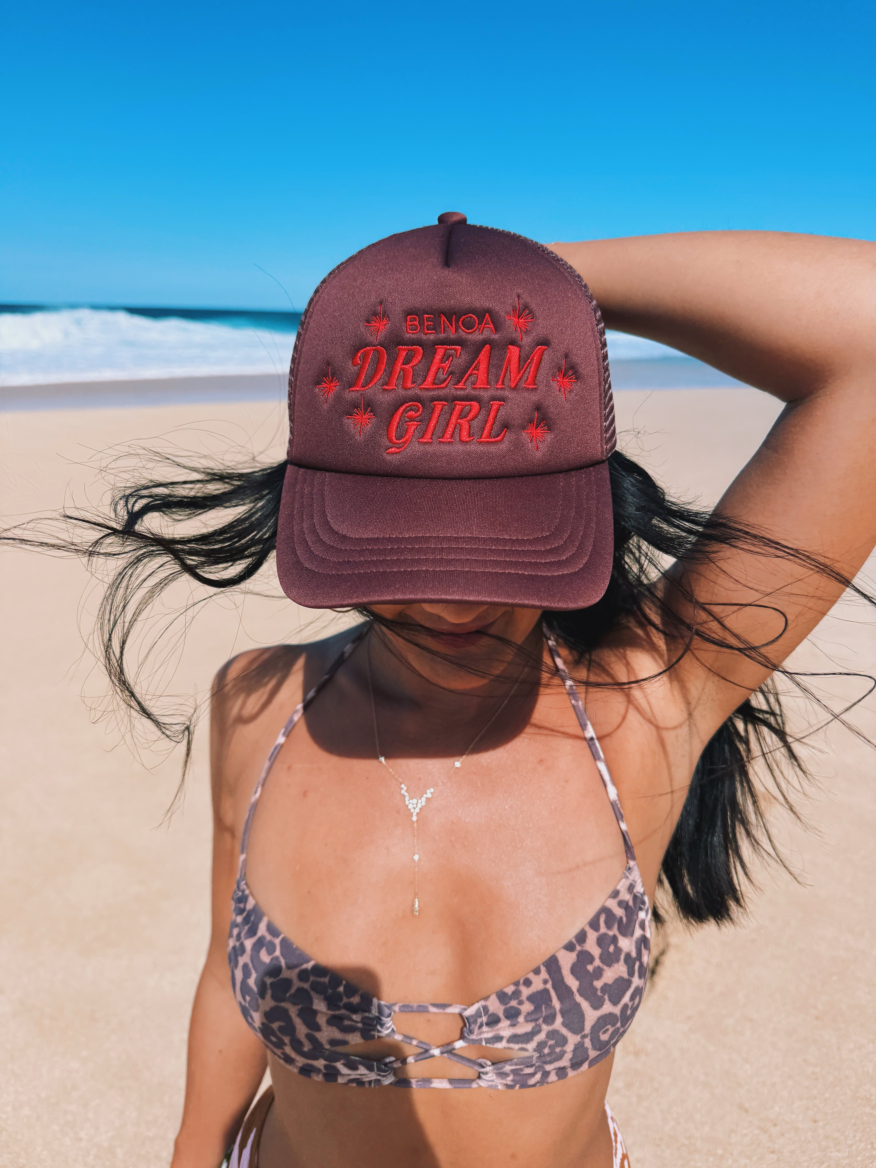 "Dream Girl" Embroidered Trucker Hat - Brown w/ Red