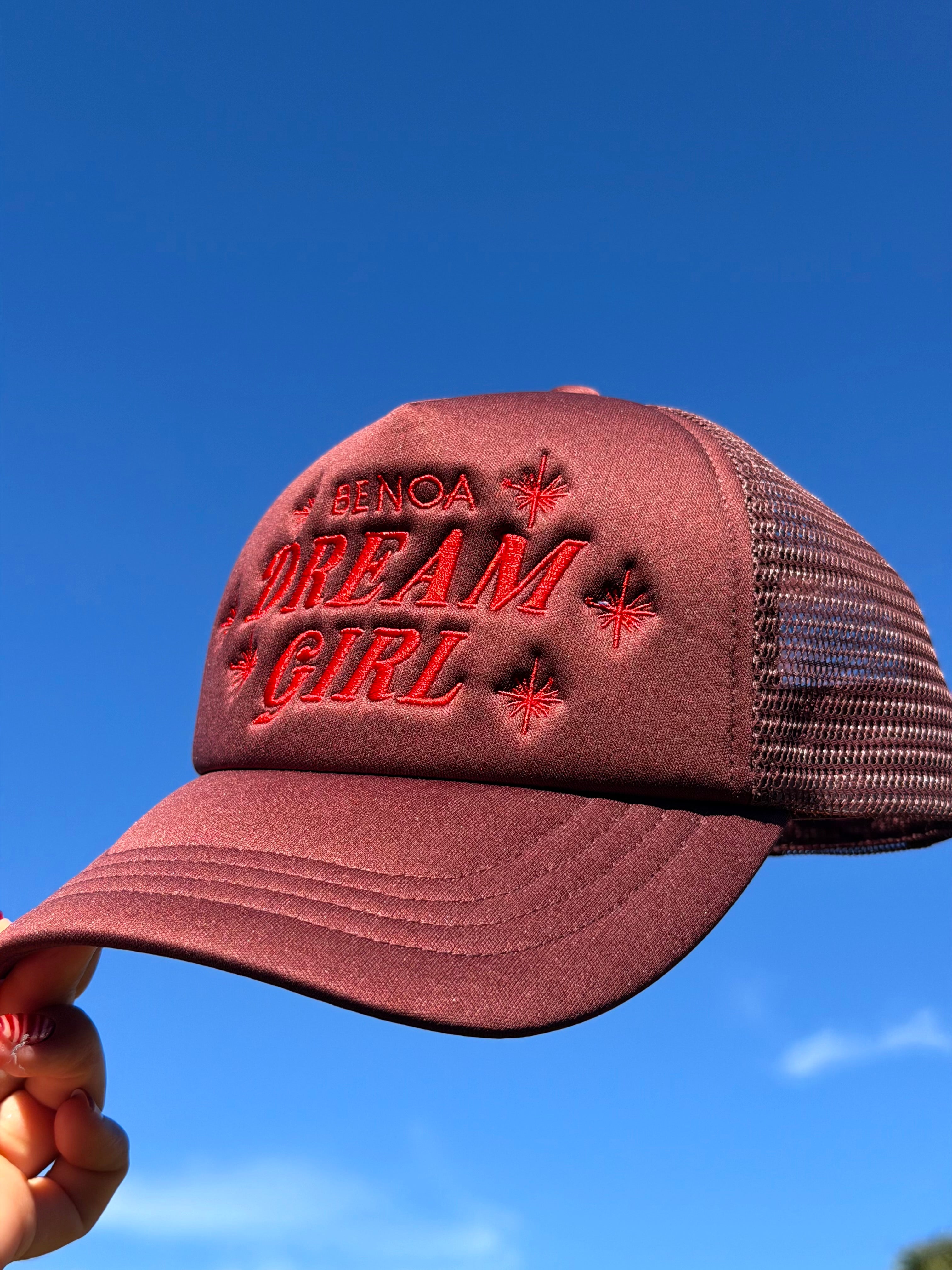 "Dream Girl" Embroidered Trucker Hat - Brown w/ Red