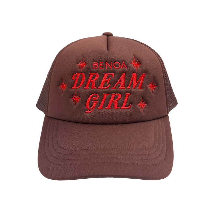 Brown cap with 'Benoa Dream Girl' text and red stars on a white background