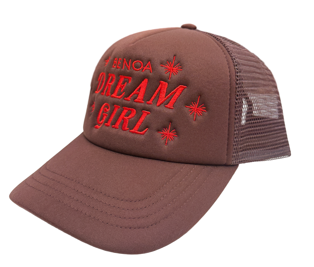 "Dream Girl" Embroidered Trucker Hat - Brown w/ Red