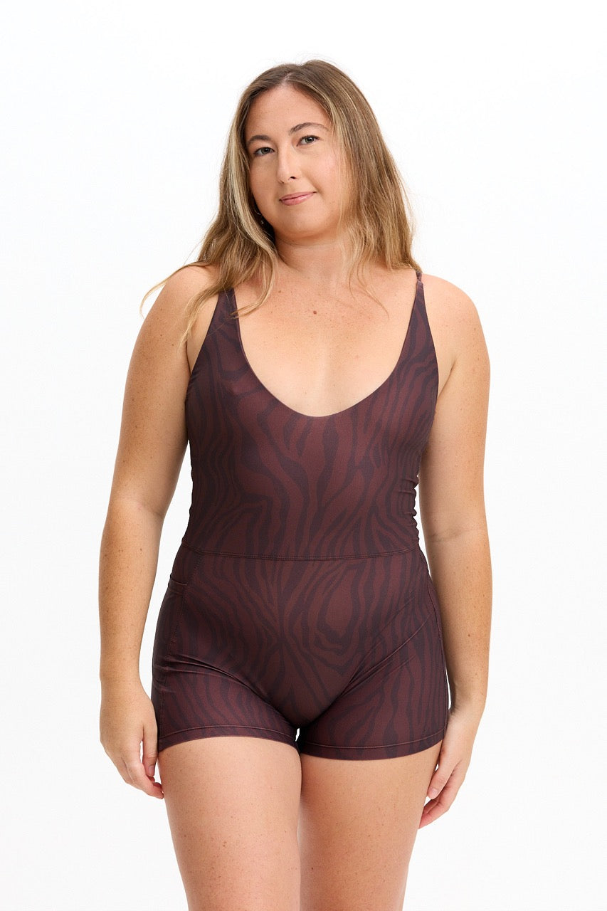 V-Neck Active Romper - Chocolate Zebra