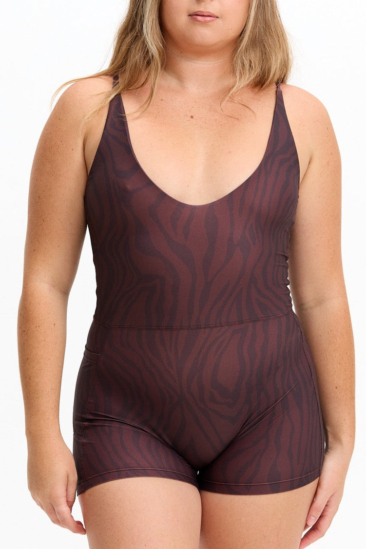 V-Neck Active Romper - Chocolate Zebra