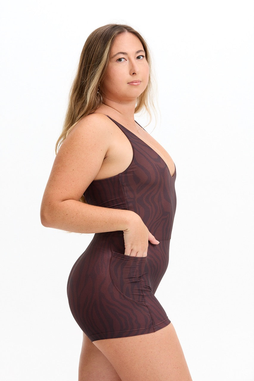 V-Neck Active Romper - Chocolate Zebra