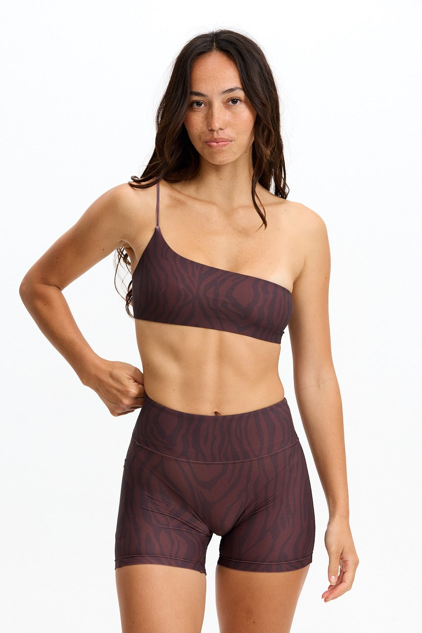 One Shoulder Sports Bra - Chocolate Zebra
